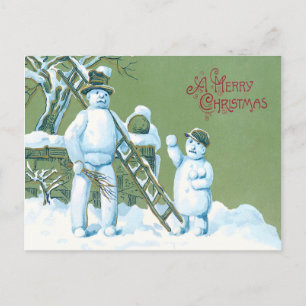 Schneemann Vater und Sohn Schneeleiter Schneeball Postkarte