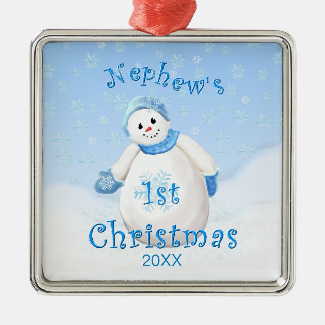 Schneemann-Verzierung des Neffeen 1. Weihnachts Silbernes Ornament (Vorne)