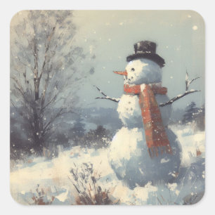 Schneemann-Vintage-Gemälde Quadratischer Aufkleber