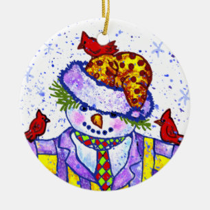 Schneemann Vögelchen Schmuck Keramikornament
