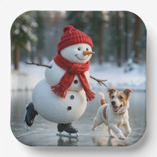 Schneemann Weihnachten Eislaufen mit Hund Pappteller