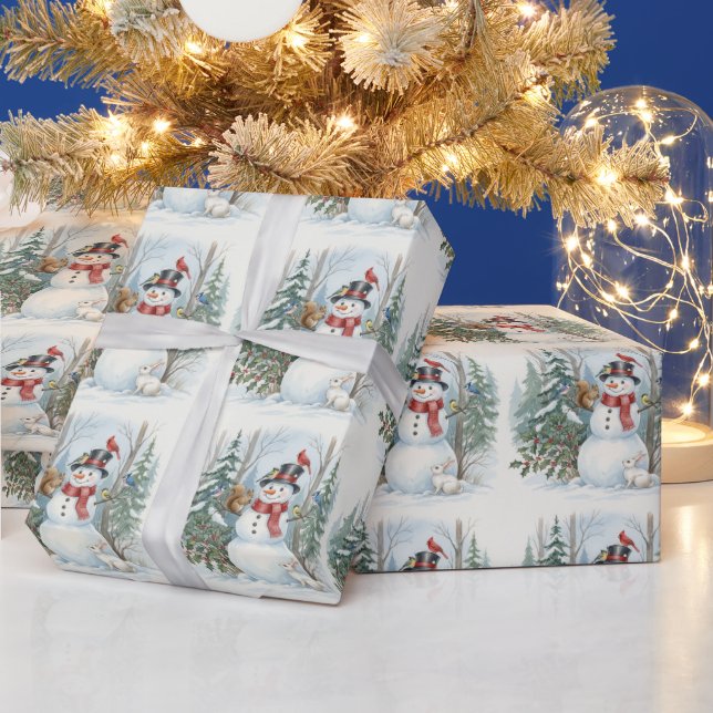 Schneemann Weihnachten mit Waldtieren und Vögeln Geschenkpapier (Feiertage)
