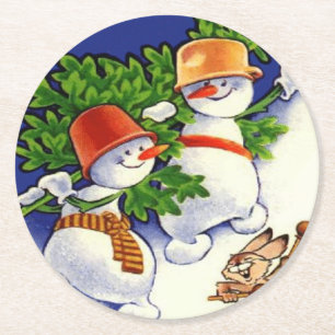 Schneemann-Weihnachtsbaum-Trommelkaninchen Runder Pappuntersetzer