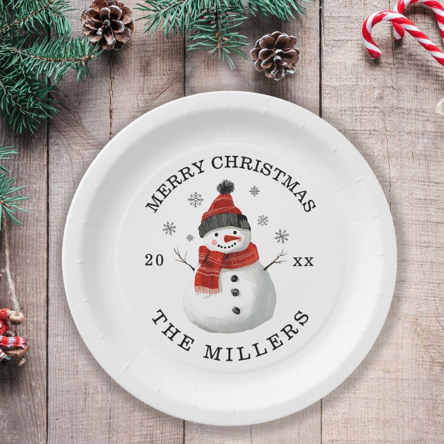 Schneemann Weihnachtsdruckplatte Party Pappteller (Merry Christmas Custom Family Name and Year Cute Snowman Paper Plate for Christmas Party)