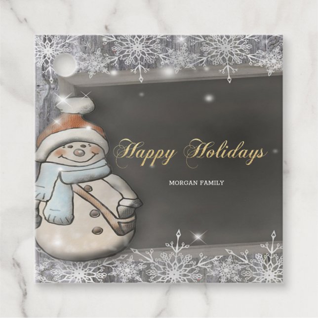 Schneemann, Weihnachtsmannmütze, Schneeflocken Geschenkanhänger (Vorderseite)