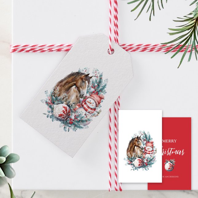 Schneemann Weihnachtswasserfarbe elegant Geschenkanhänger (Horse snowman Christmas gift tag, horse lover, equestrian Christmas)