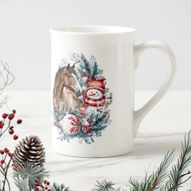 Schneemann Weihnachtswasserfarbe elegant Prozellantasse (Horse and snowman Christmas mug)