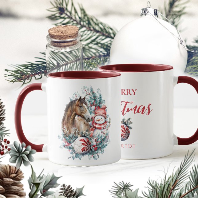 Schneemann Weihnachtswasserfarbe elegant Tasse (Horse snowman Christmas mug, horse lover, equestrian Christmas drinkware)