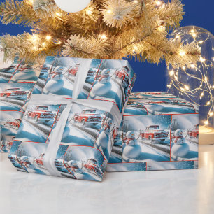 Schneemann winkt mit einem roten Retro-LKW Geschenkpapier