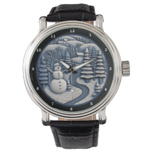 Schneemann Winterdorf Fluss Armbanduhr