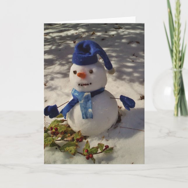 Schneemann withBlue Hut und Schal Feiertagskarte (Vorderseite)