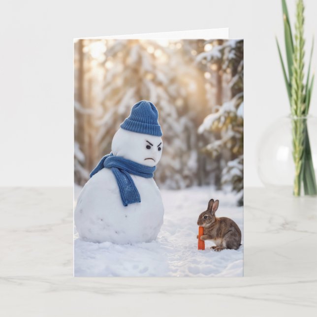 Schneemann zu Weihnachten, der einen Hasen böse an Karte (Vorderseite)