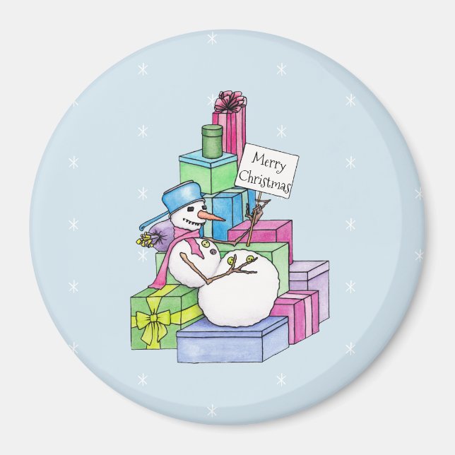 Schneemännchen auf Geschenken Magnet (Vorne)