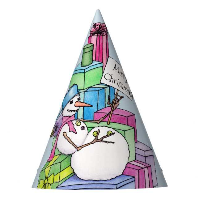 Schneemännchen auf Geschenken Partyhütchen (Vorderseite)