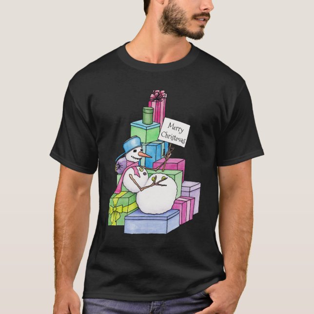 Schneemännchen auf Geschenken T-Shirt (Vorderseite)