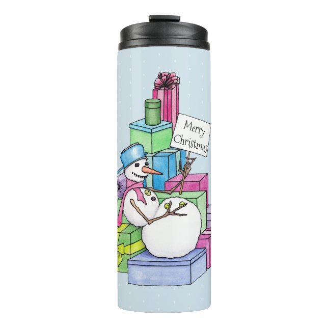 Schneemännchen auf Geschenken Thermosbecher (Vorderseite)