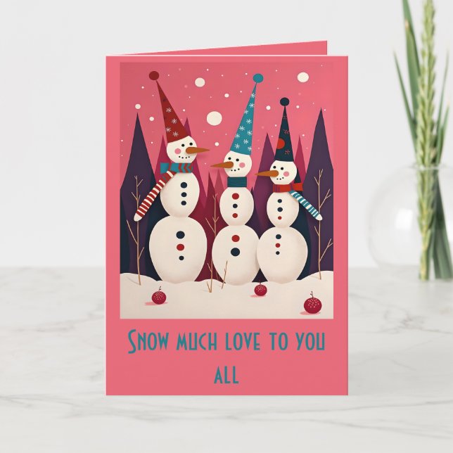 Schneemänner Drei Eismänner Rosa Thema Kitschmas Karte (Vorderseite)
