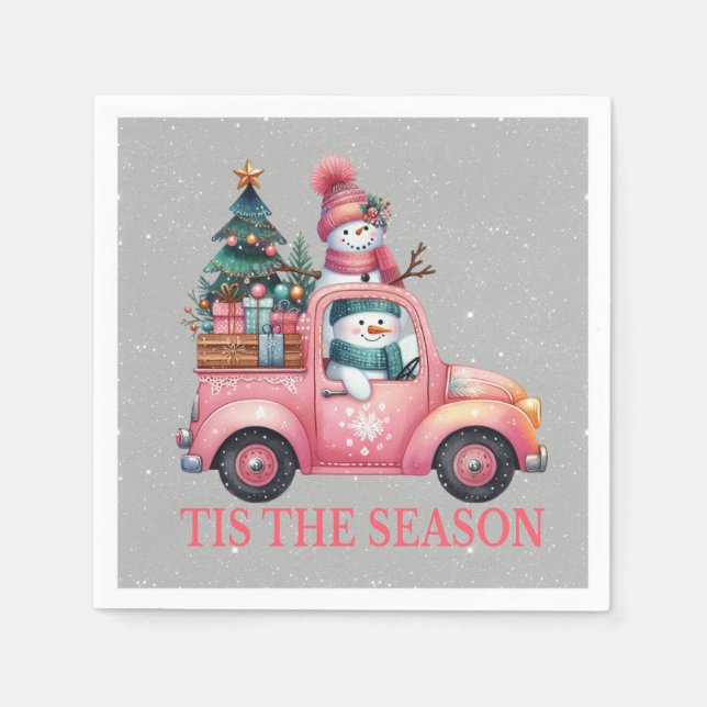 Schneemänner fahren Pink Truck Tree Geschenke Serviette (Vorderseite)