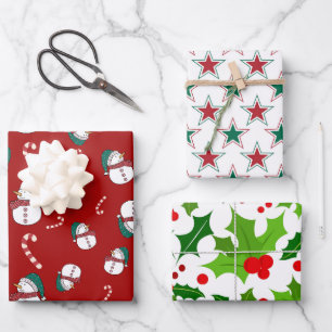 Schneemänner, Holly Berries und Stars Geschenkpapier Set