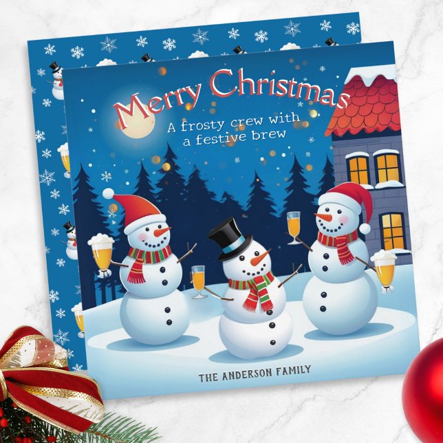 Schneemänner mit Drinks Frostig Frohe Weihnachten (A colorful personalized Christmas card, with a picture of three snowmen enjoying Christmas drinks)
