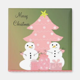 Schneemänner neben einem rosa Weihnachtsbaum Magnet