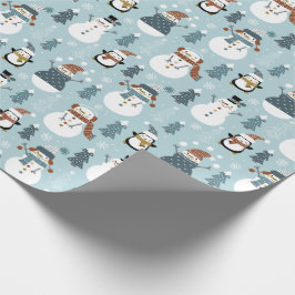 Schneemänner, Pinguine, Weihnachtsbäume und Schnee Geschenkpapier