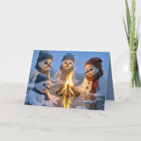 Schneemänner schmelzen um ein Lagerfeuer