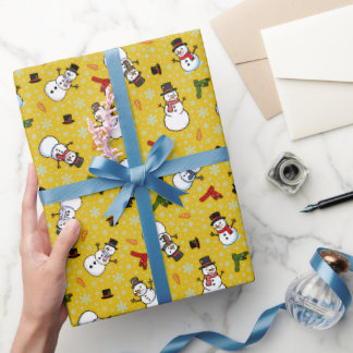 Schneemänner & Schneeflocken auf Gold Geschenkpapier