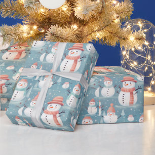 Schneemänner Schneeflocken Blau Moderne Weihnachte Geschenkpapier
