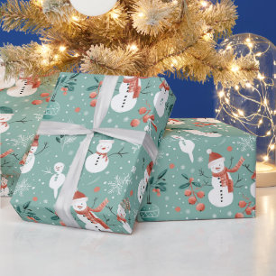 Schneemänner Schneeflocken Stechpalmenblätter Grün Geschenkpapier