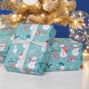 Schneemänner Schneeflocken Stechpalmenblätter Grün Geschenkpapier