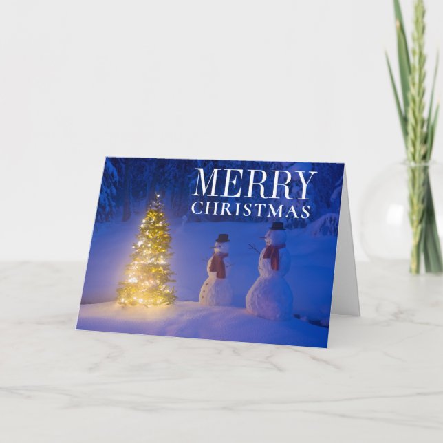 Schneemänner Stehend neben Weihnachtsbaum Feiertagskarte (Vorderseite)