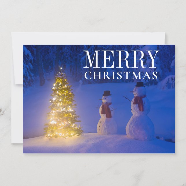 Schneemänner Stehend neben Weihnachtsbaum Feiertagskarte (Vorderseite)