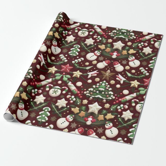 Schneemänner und goldene Sterne Geschenkpapier (Ungerollt)