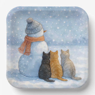 Schneemänner und Katzen in einem schneebedeckten F Pappteller