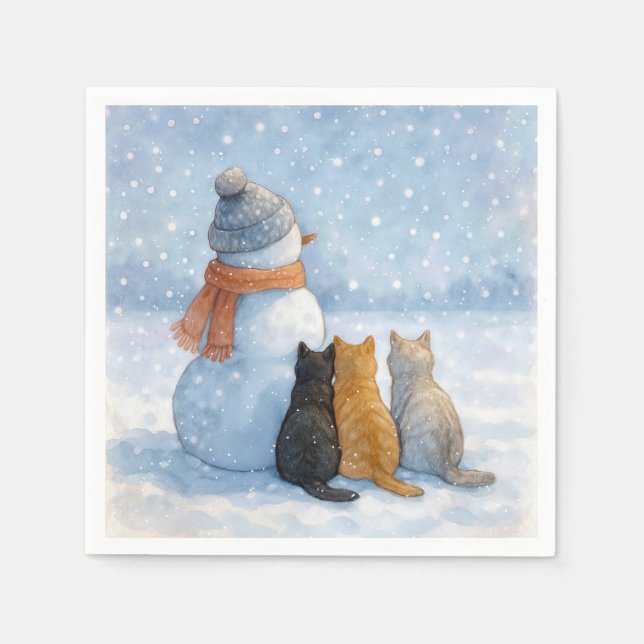 Schneemänner und Katzen in einem schneebedeckten F Serviette (Vorderseite)