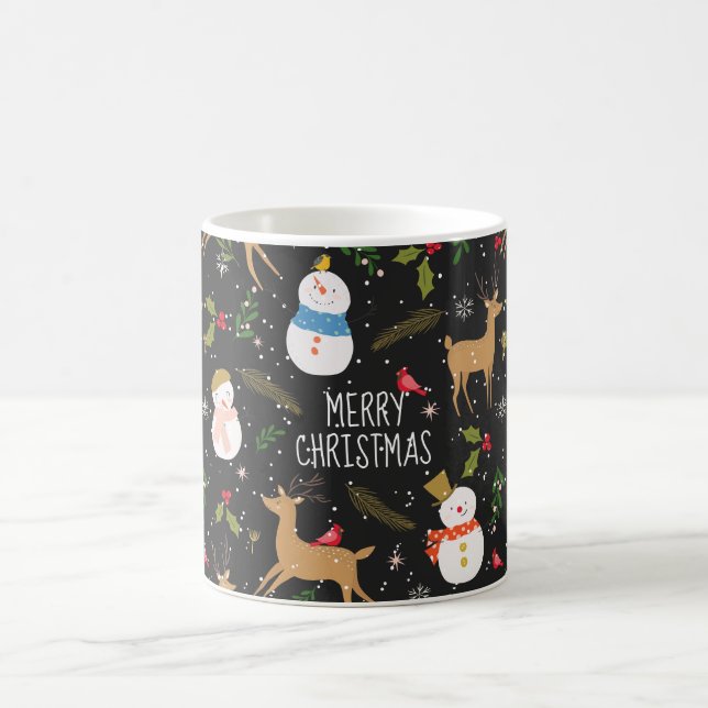 Schneemänner und Rentier Weihnachten Schwarz Kaffeetasse (Mittel)