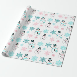 Schneemänner und Schneeflocken Aquamarin und rosa Geschenkpapier