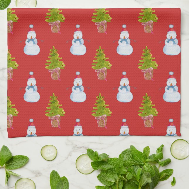 Schneemänner und Weihnachtsbaumen Musterküche Hand Geschirrtuch (Gefaltet)