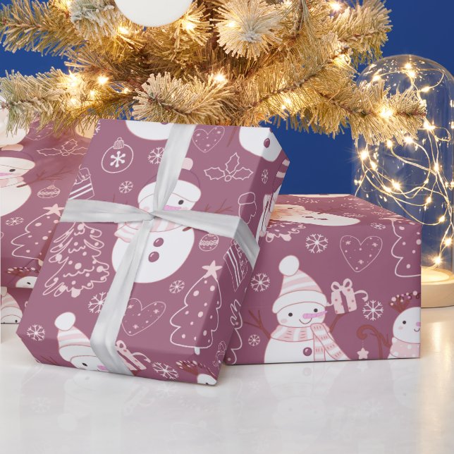 Schneemänner Weihnachtsbaumen Herz Lila Weihnachte Geschenkpapier (Feiertage)