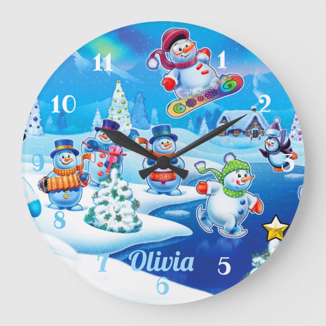 Schneemänner Winterwunderland. Große Wanduhr (Vorderseite)