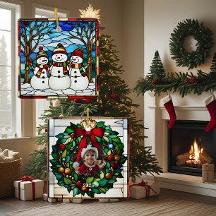 Schneemannfamilie Faux-Buntglas  Keramikornament
