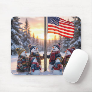 Schneemannfamilie versammelt sich um einen Fahnenm Mousepad