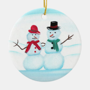 Schneemenschen, die ihm zuwinken, Weihnachtsschmuc Keramikornament