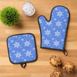 Schneemuster, Weiße Schneeflocken, Schnee, Blau Ofenhandschuh & Topflappen-Set