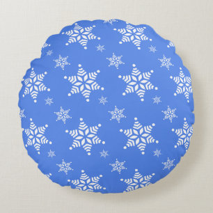 Schneemuster, Weiße Schneeflocken, Schnee, Blau Rundes Kissen