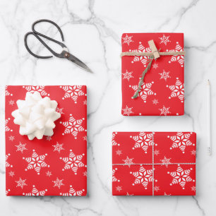 Schneemuster, Weiße Schneeflocken, Schnee, Rot Geschenkpapier Set