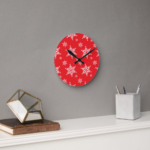Schneemuster, Weiße Schneeflocken, Schnee, Rot Runde Wanduhr