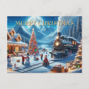 Schneereiche Winternacht mit Weihnachtszug und Sch Feiertagspostkarte
