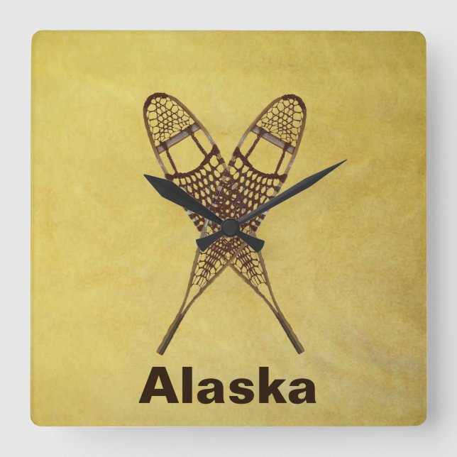 Schneeschuhe Quadratische Wanduhr (Vorderseite)